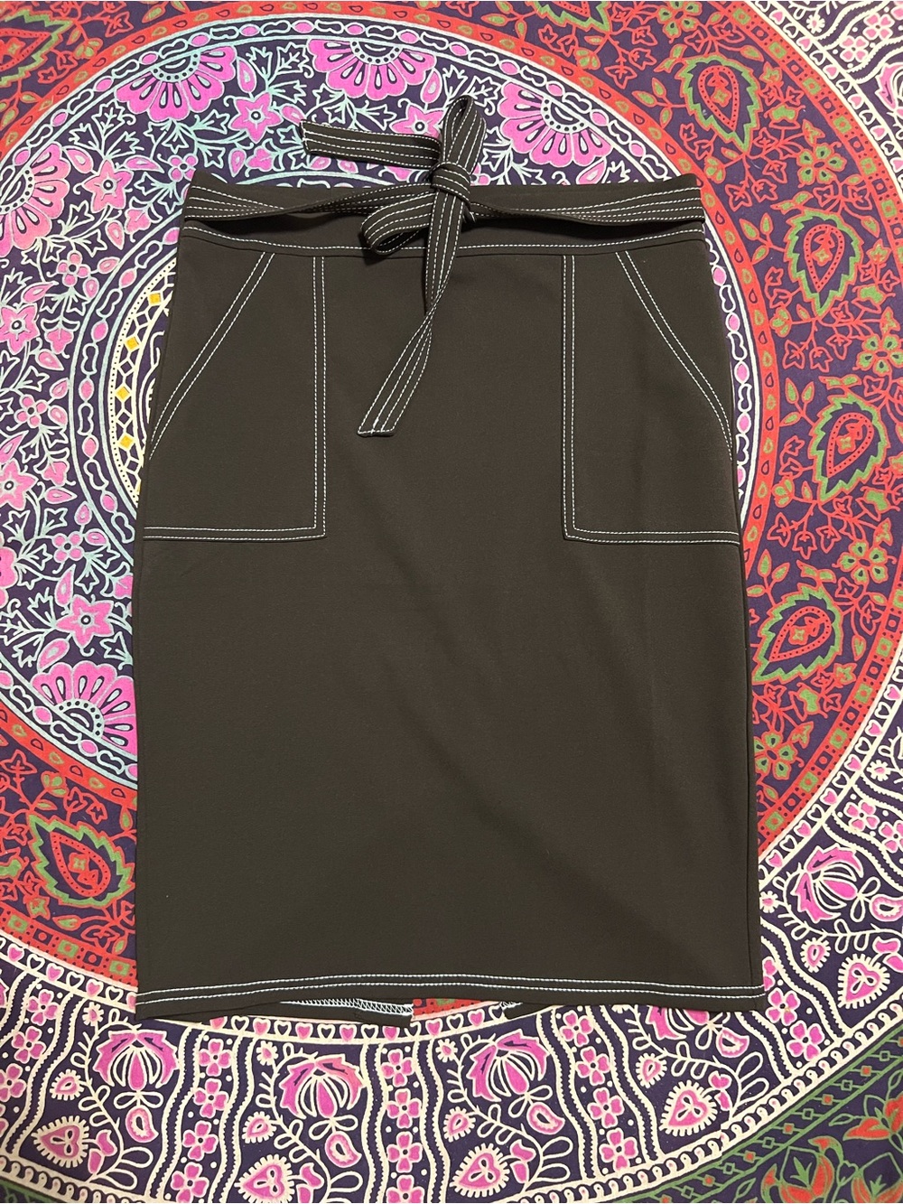 NYCC Sz S Brown Pencil Skirt with Contrast Stitching and Waist Tie